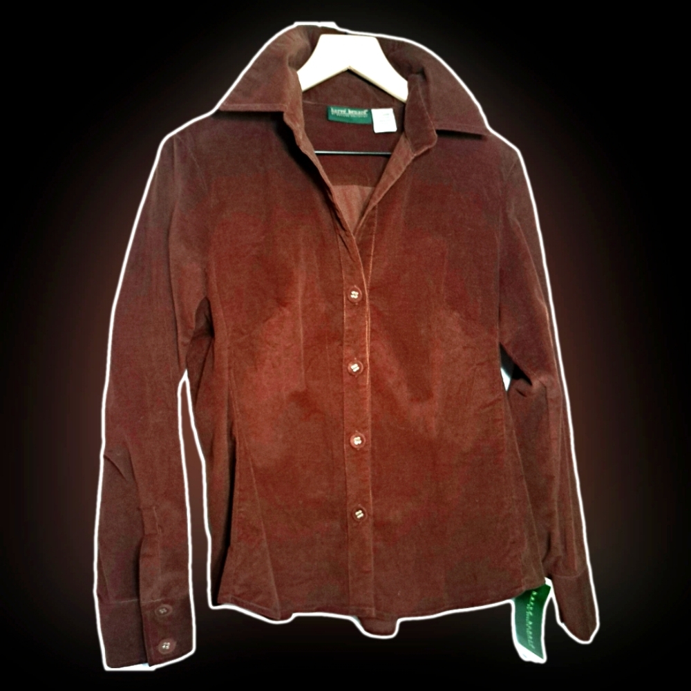 NWT women's fitted chocolate-brown corduroy button-up shirt, Harvé Benard. - Picture 2 of 11